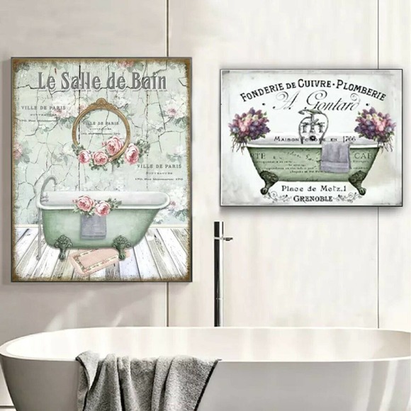 Where Was That? Other - Vtg French Country Shabby Chic Victorian Bathtub Prints Floral Bathroom Wall Art